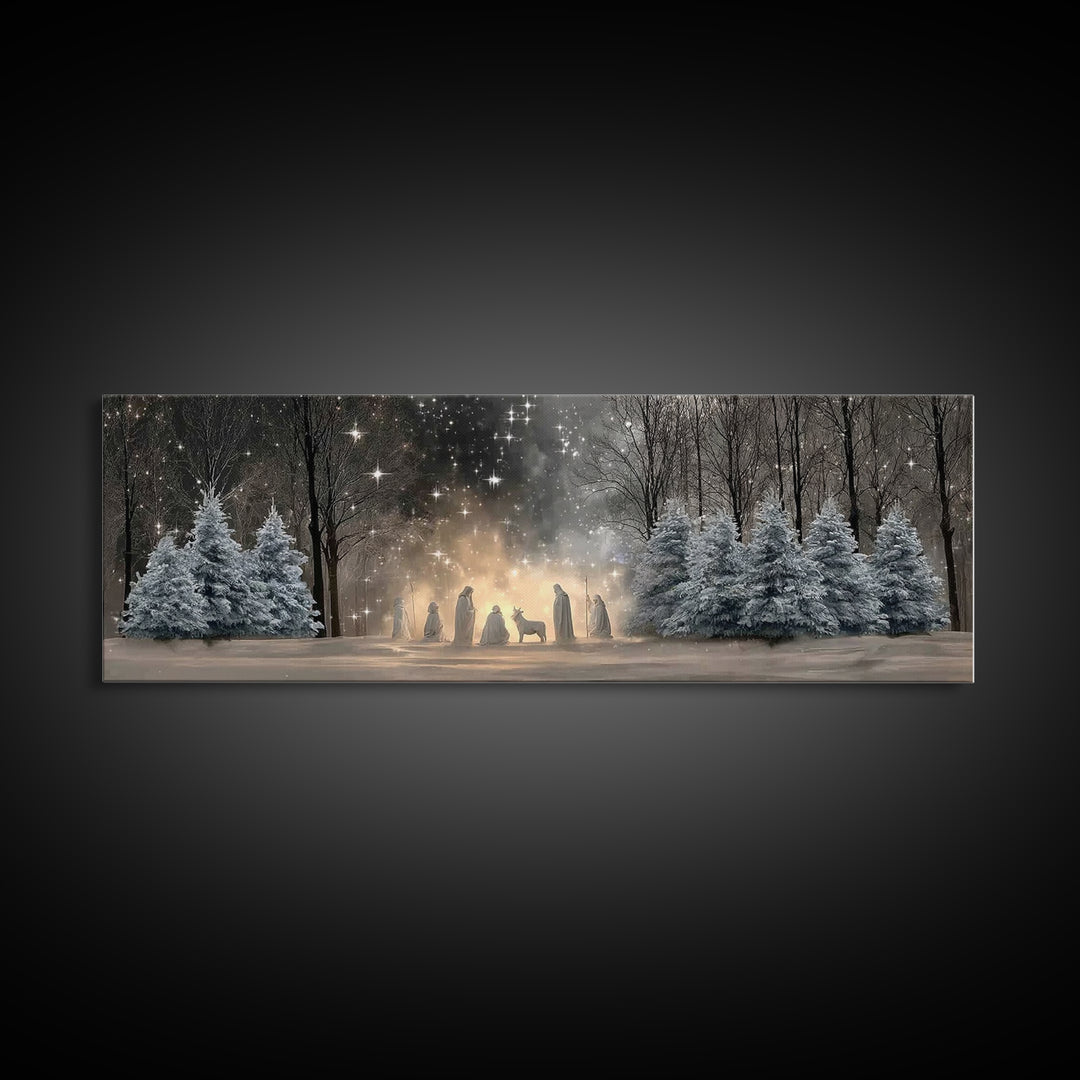 Midnight Nativity Glow – Framed Canvas Print – Christian Wall Art – Christian Art Canvas – Jesus Christmas Art – Panoramic Wall Art – Chris