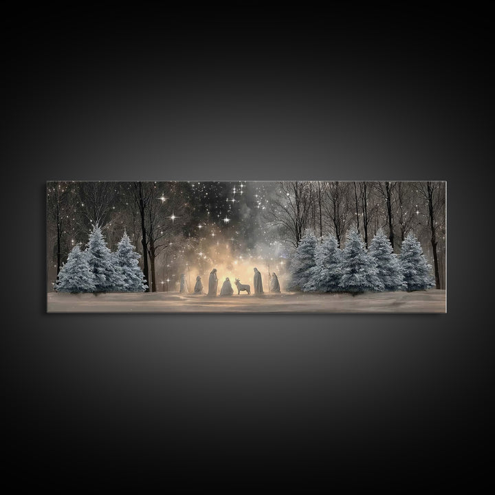 Midnight Nativity Glow – Framed Canvas Print – Christian Wall Art – Christian Art Canvas – Jesus Christmas Art – Panoramic Wall Art – Chris
