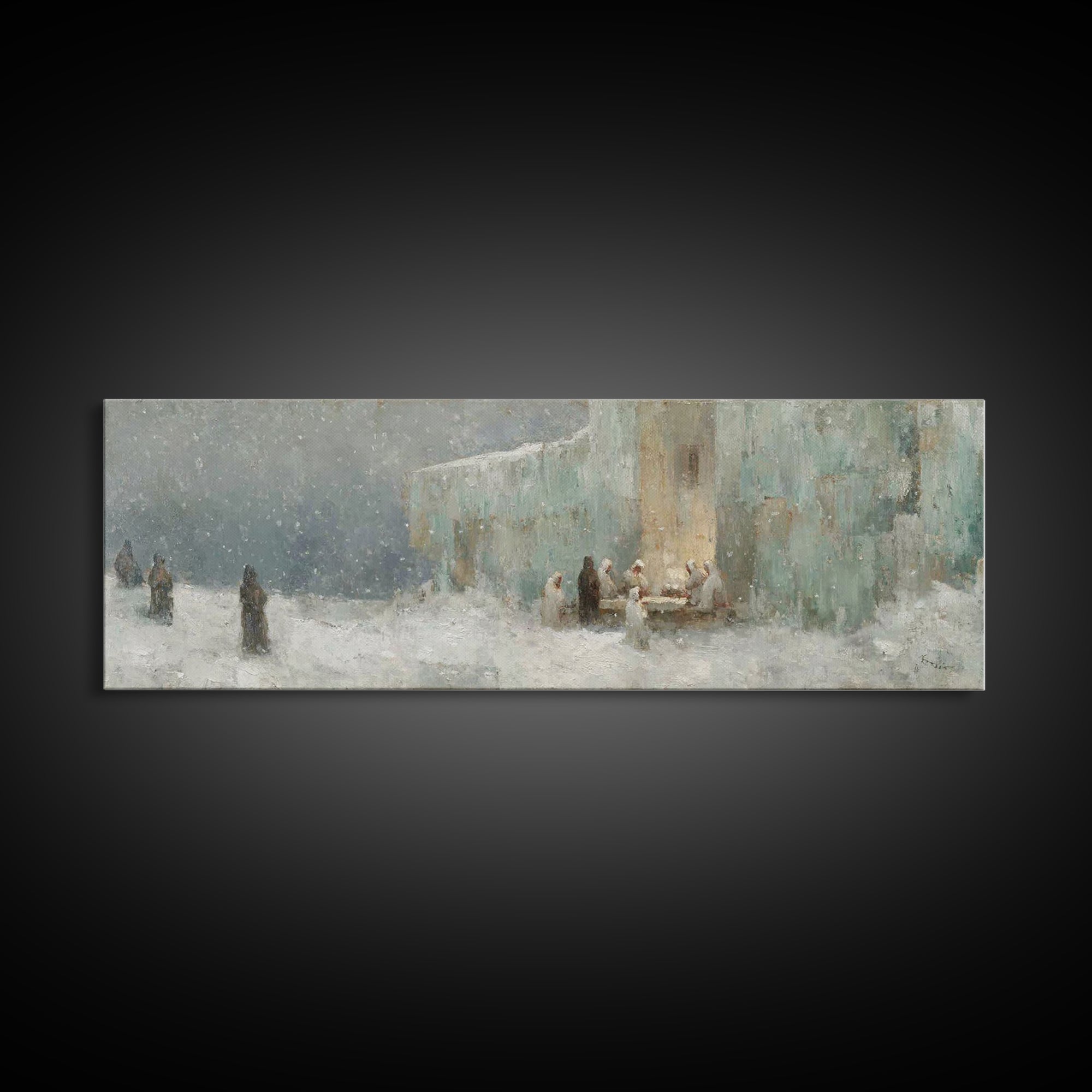 Winter Gathering Light, Framed Canvas Print, Christian Wall Art, Christian Art Canvas, Christmas Art Prints, Panoramic Painting, Christian