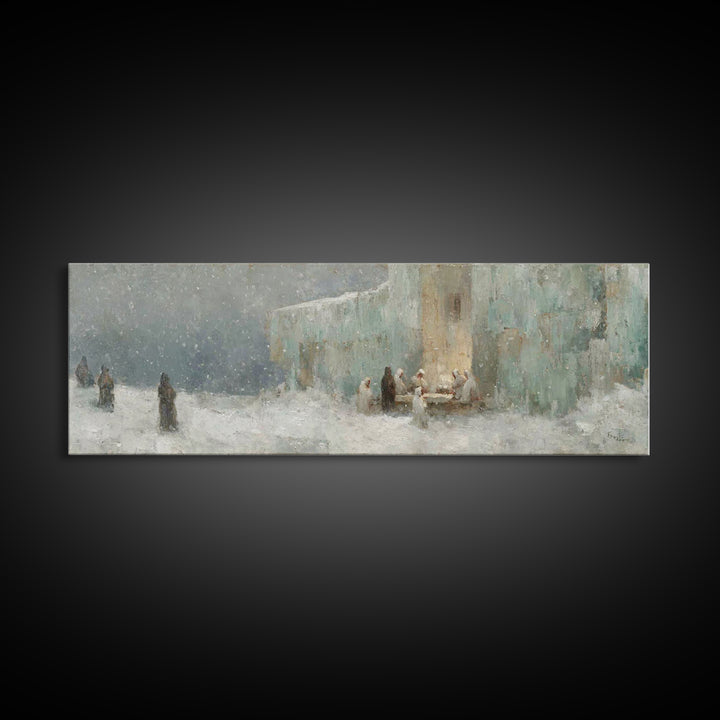 Winter Gathering Light, Framed Canvas Print, Christian Wall Art, Christian Art Canvas, Christmas Art Prints, Panoramic Painting, Christian