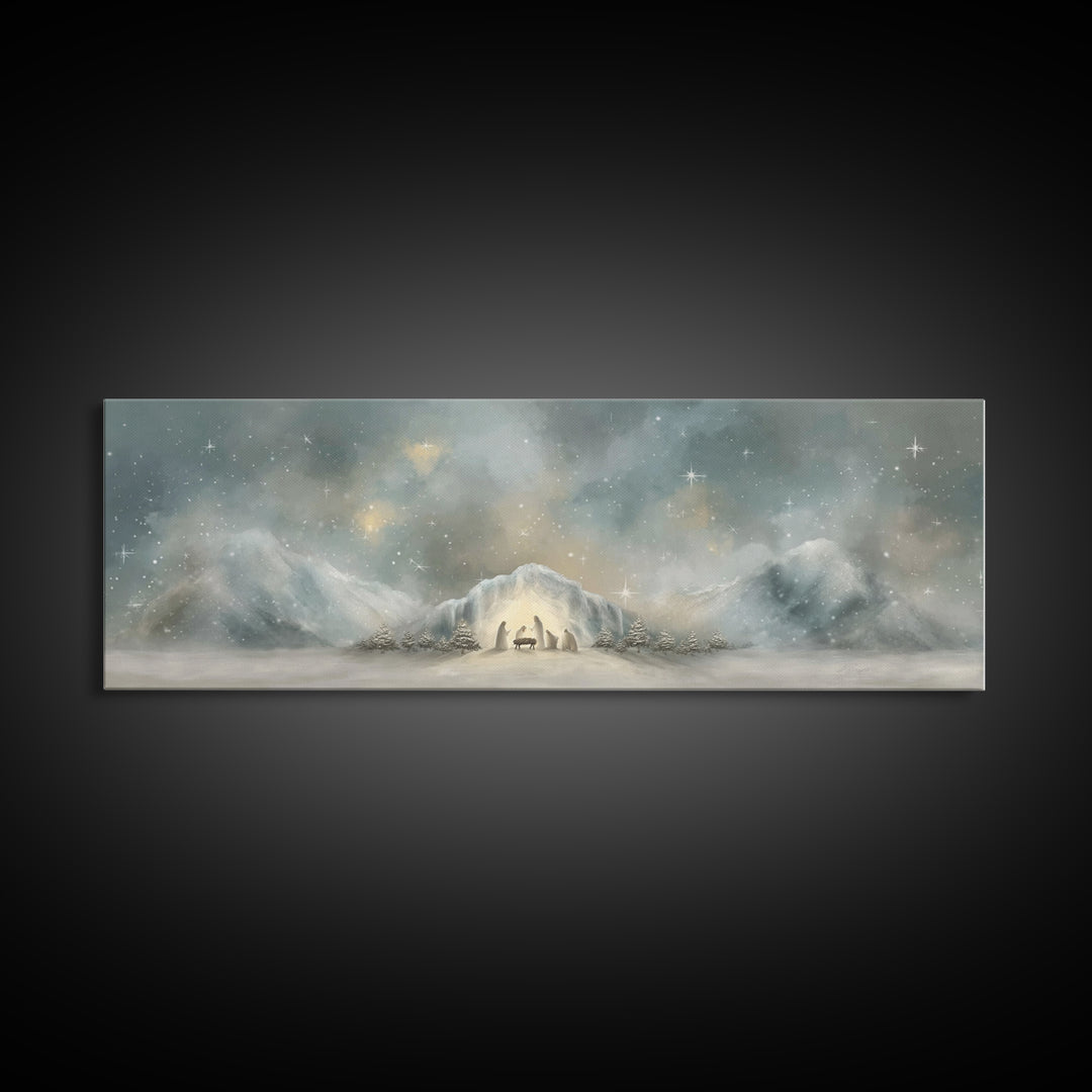 Starry Mountain Birth – Framed Canvas Print – Christian Christmas Art – Christian Art Canvas – Jesus Painting – Panoramic Frame – Christian