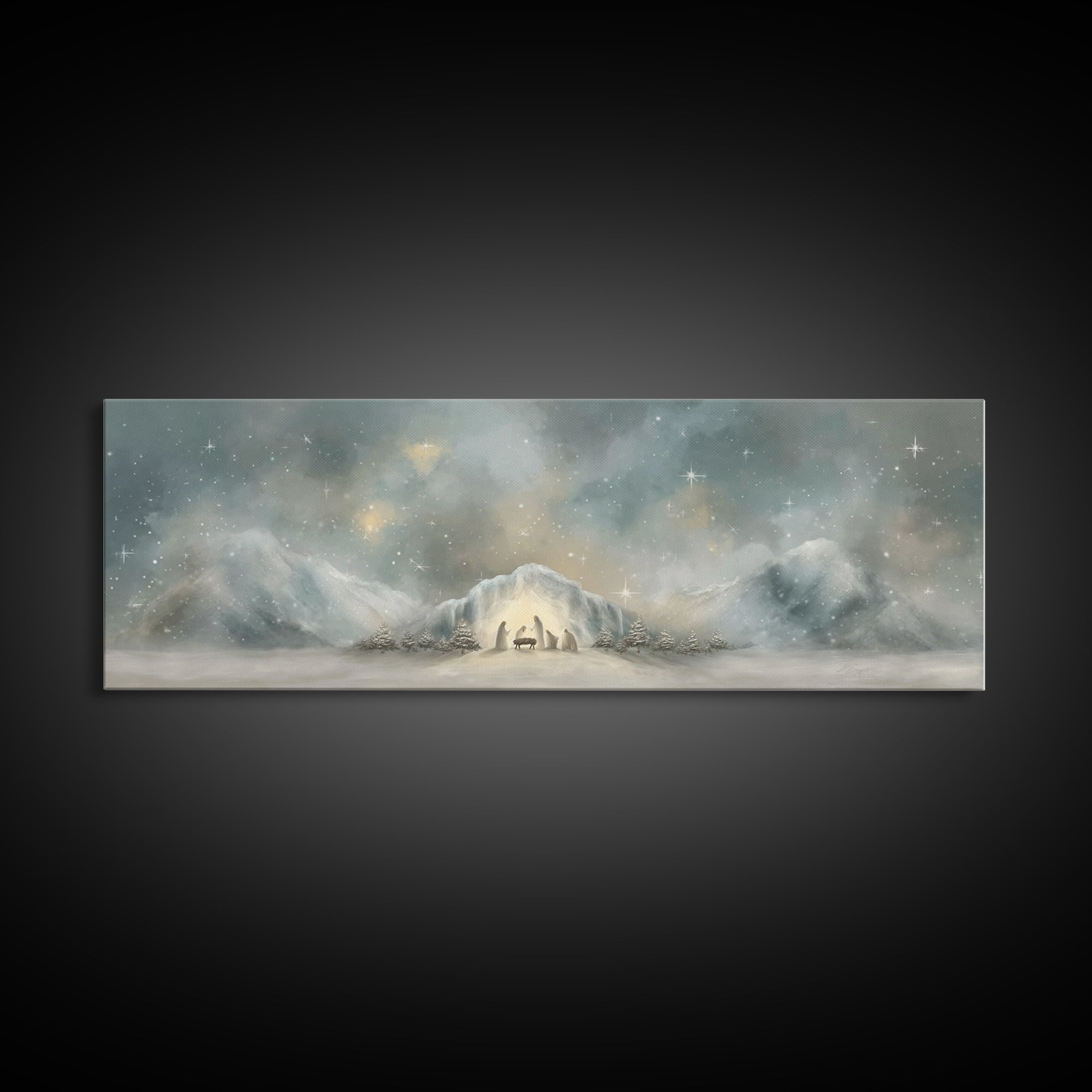 Starry Mountain Birth – Framed Canvas Print – Christian Christmas Art – Christian Art Canvas – Jesus Painting – Panoramic Frame – Christian