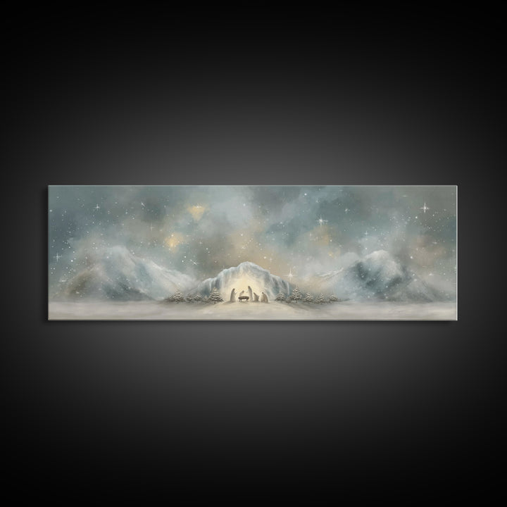 Starry Mountain Birth – Framed Canvas Print – Christian Christmas Art – Christian Art Canvas – Jesus Painting – Panoramic Frame – Christian