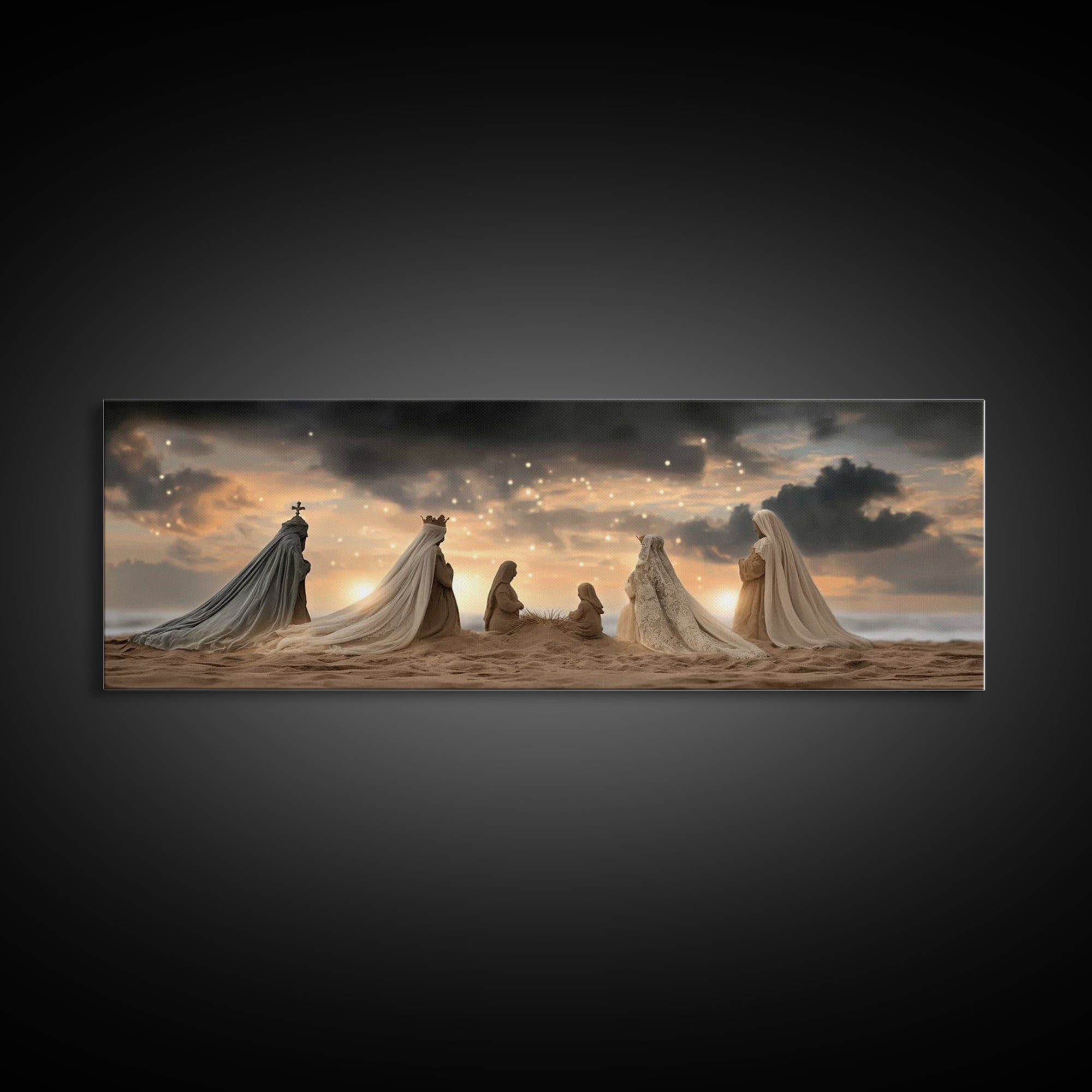 Sandy Nativity Horizon – Framed Canvas Print – Christian Christmas Art – Christian Art Canvas – Jesus Wall Art – Panoramic Art – Christian