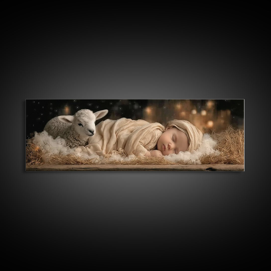 Gentle Manger Peace | Framed Canvas Print | Christian Art Canvas | Christmas Wall Art | Panoramic Art | Christian Christmas Art | Christian