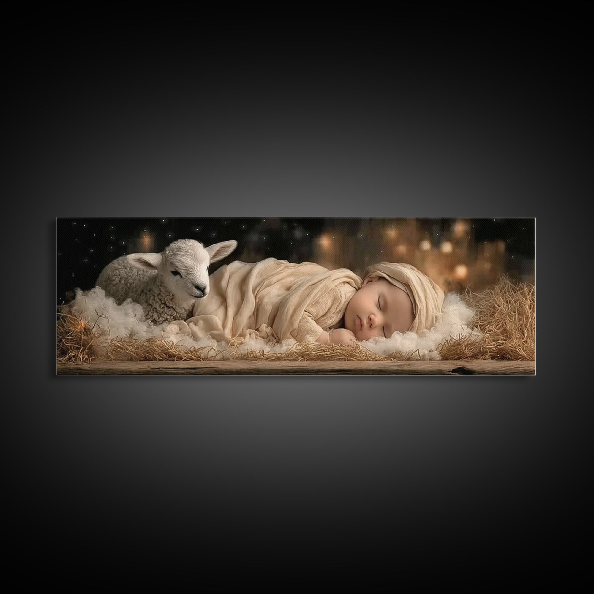 Gentle Manger Peace | Framed Canvas Print | Christian Art Canvas | Christmas Wall Art | Panoramic Art | Christian Christmas Art | Christian