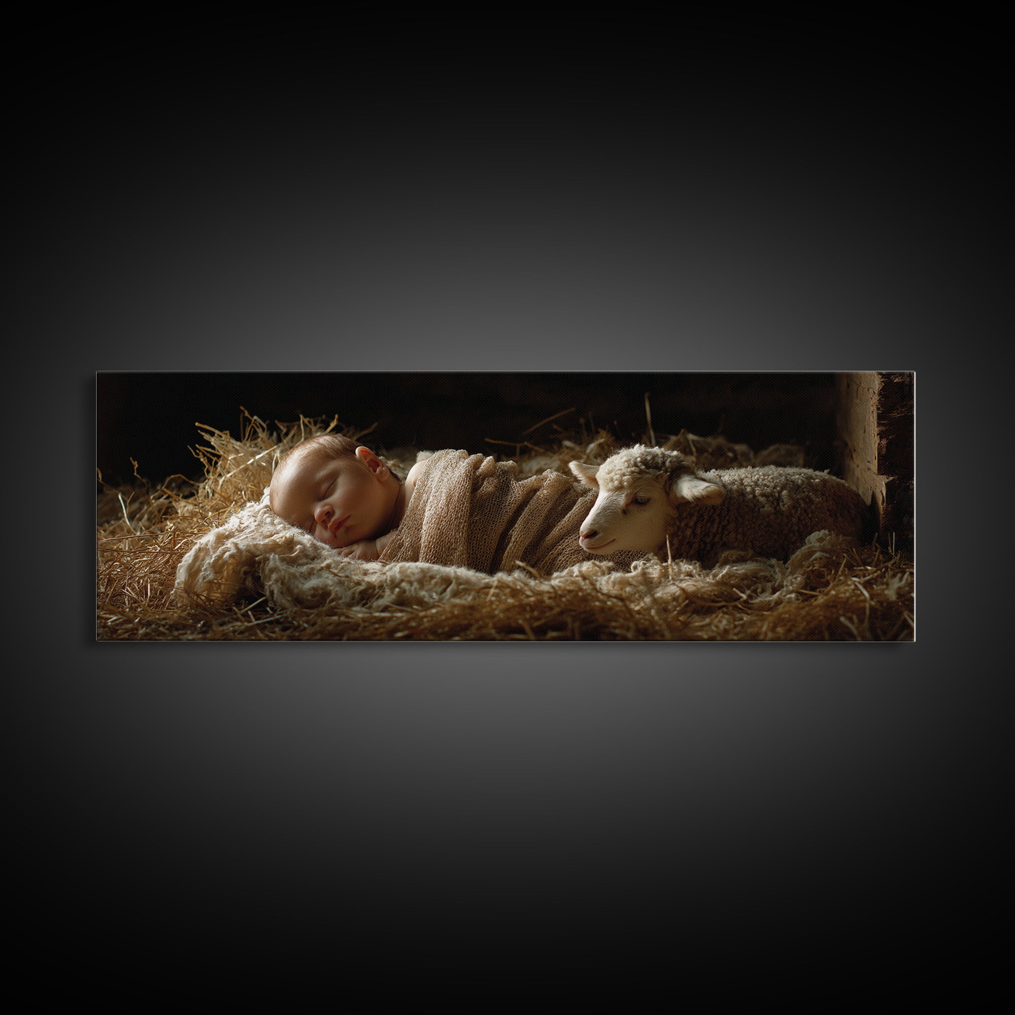Quiet Manger Glow, Framed Canvas Print, Christian Wall Art, Panoramic Frame, Christian Art Canvas, Christian Christmas Art, Jesus Christmas
