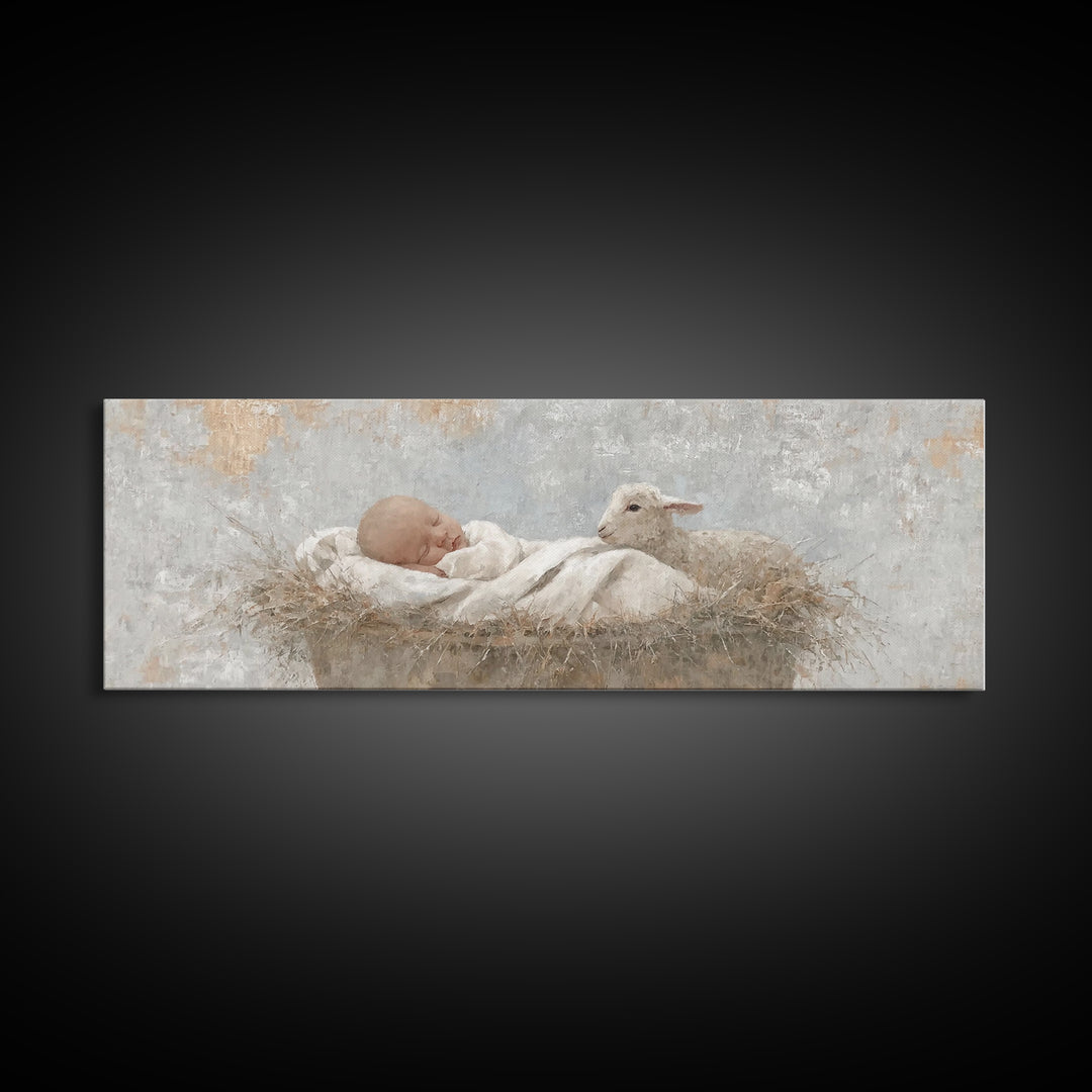 Tiny Manger Grace – Framed Canvas Print – Christmas Wall Art – Christian Art Canvas – Panoramic Painting – Jesus Christmas Art – Christian
