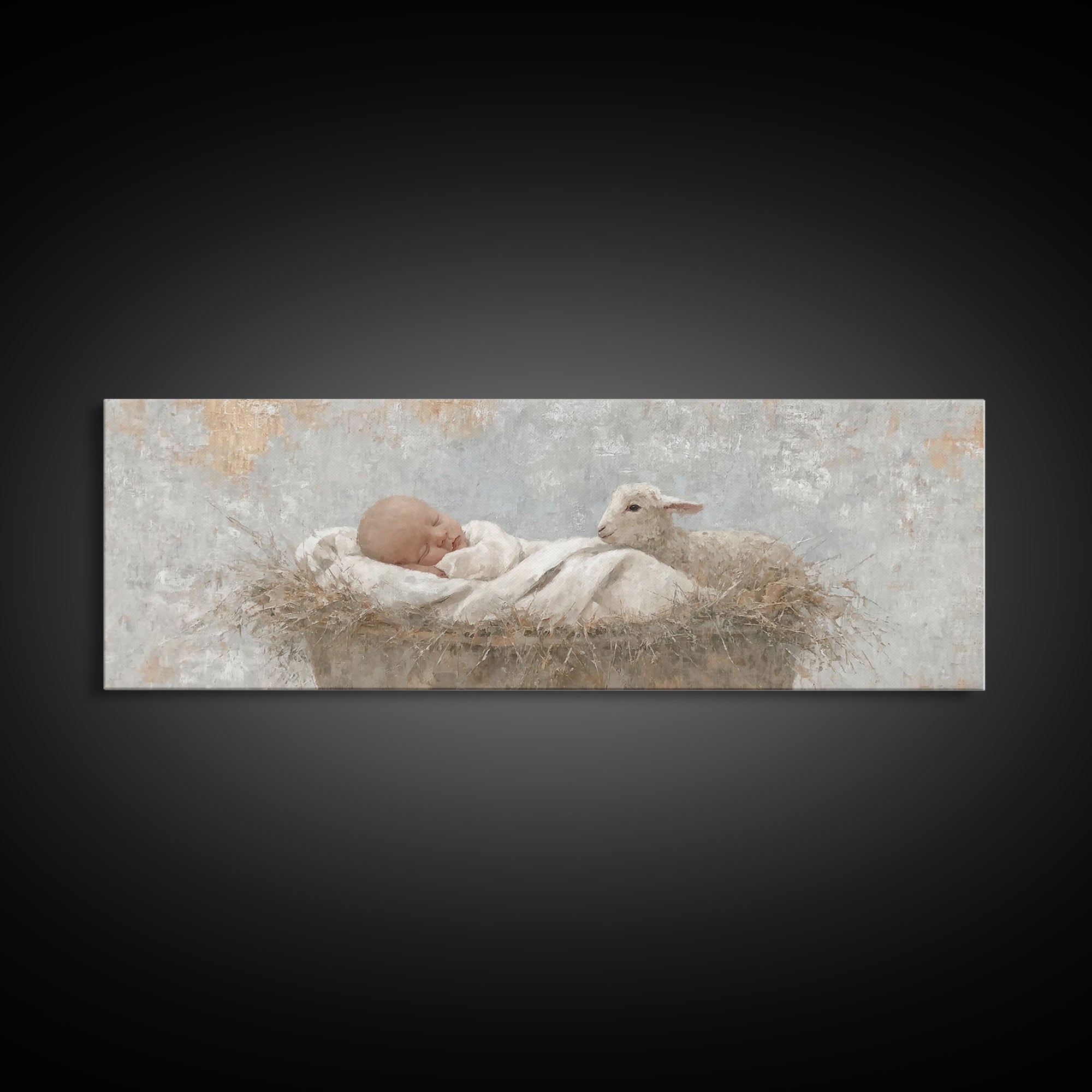 Tiny Manger Grace – Framed Canvas Print – Christmas Wall Art – Christian Art Canvas – Panoramic Painting – Jesus Christmas Art – Christian