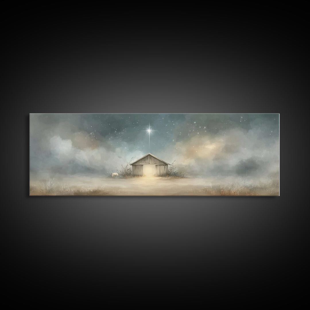 Starry Night Manger | Framed Canvas Print | Christian Wall Art | Panoramic Painting | Christmas Wall Art | Jesus Painting