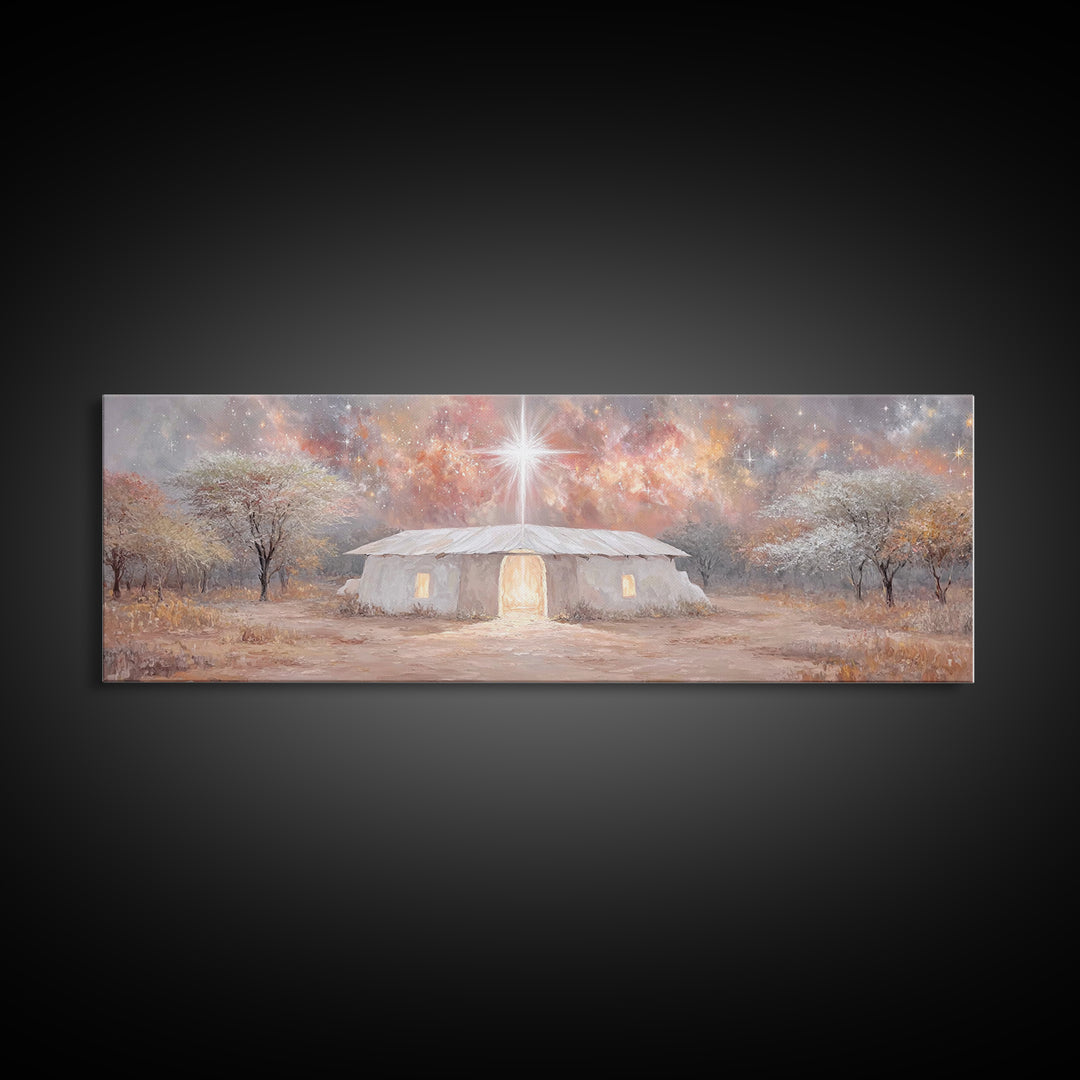 Bethlehem Dawn Glow, Framed Canvas Print, Christian Art, Panoramic Print, Christmas Art, Christian Wall Art, Jesus Painting