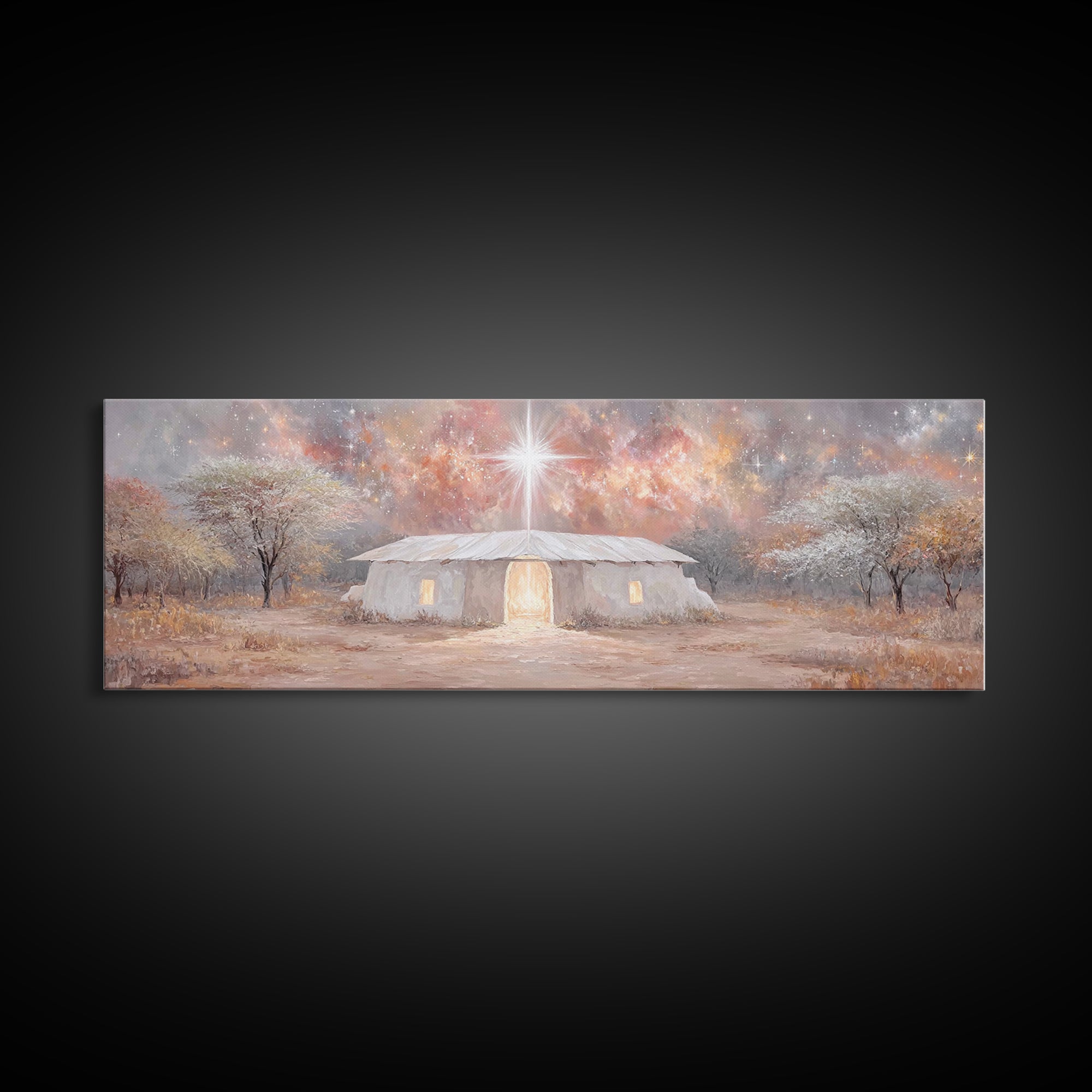 Bethlehem Dawn Glow, Framed Canvas Print, Christian Art, Panoramic Print, Christmas Art, Christian Wall Art, Jesus Painting