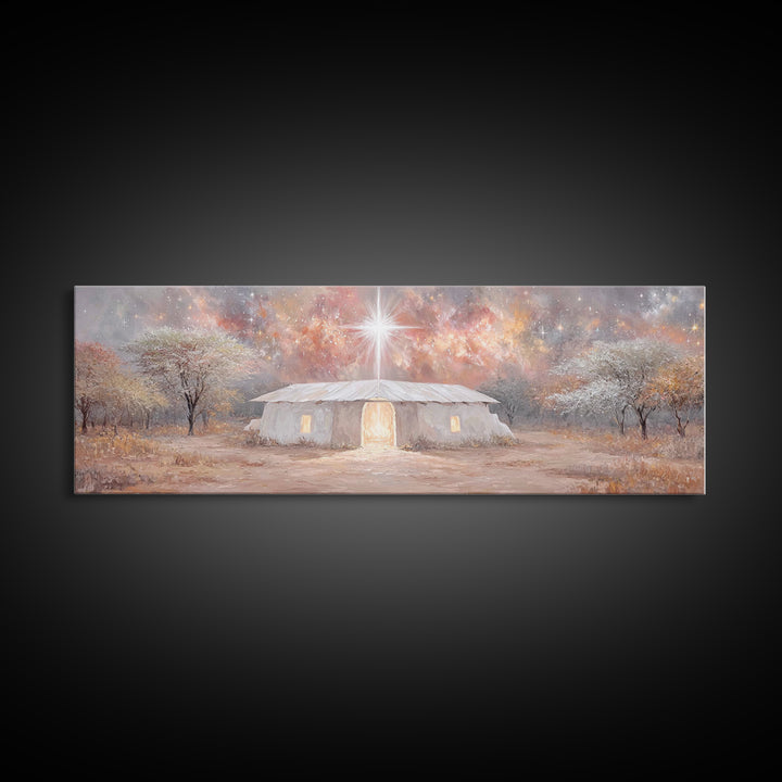 Bethlehem Dawn Glow, Framed Canvas Print, Christian Art, Panoramic Print, Christmas Art, Christian Wall Art, Jesus Painting