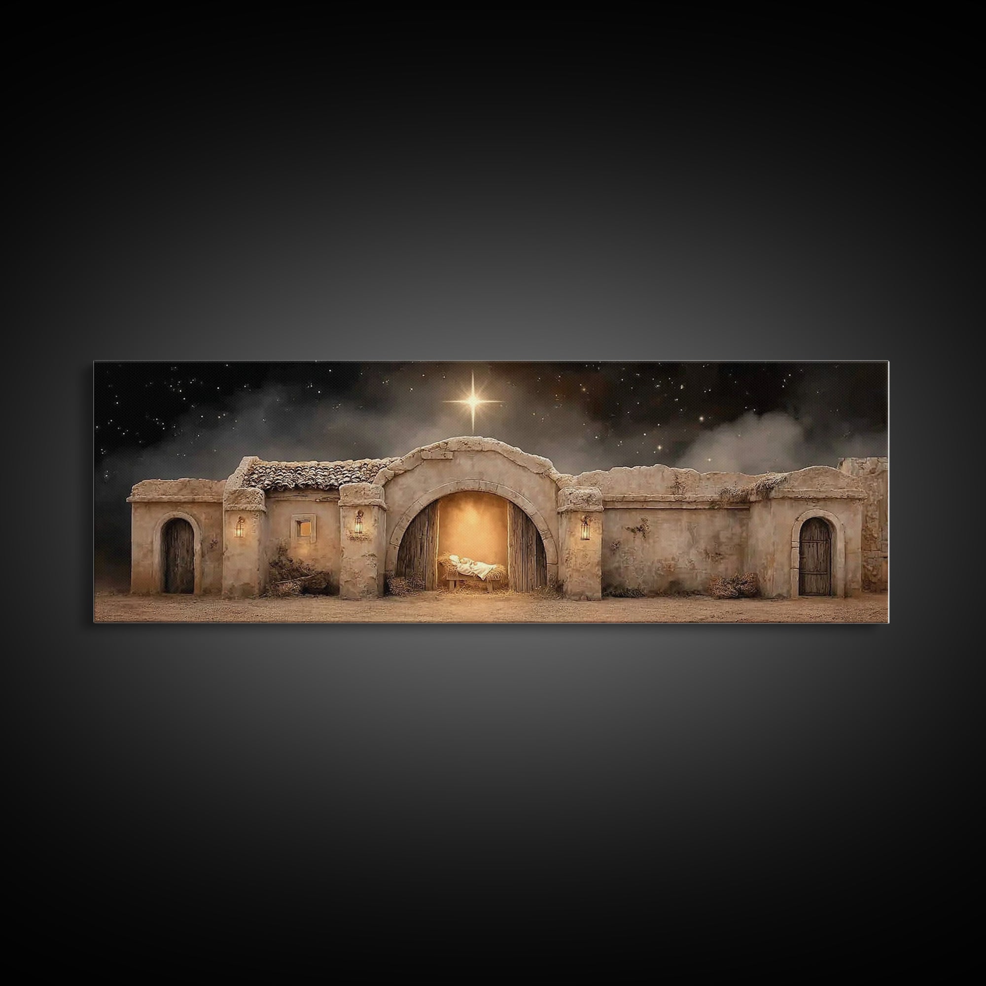 Radiant Stable Peace – Framed Canvas Print – Christian Wall Art – Panoramic Frame – Christmas Art – Christian Art Canvas – Jesus Painting