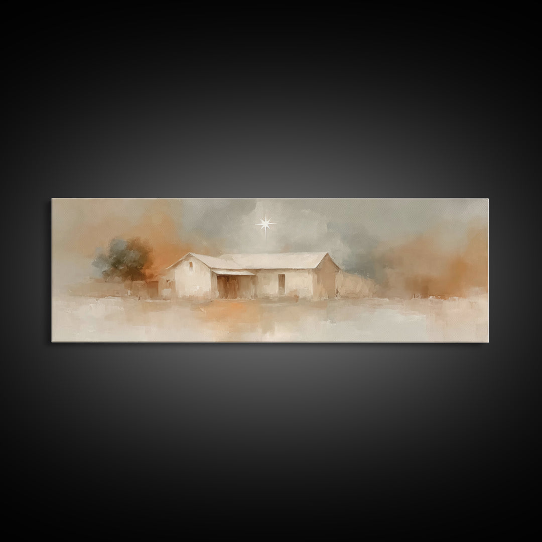 Holy Night Path, Framed Canvas Print, Christian Wall Art, Panoramic Painting, Christian Art Canvas, Christmas Art, Jesus Painting