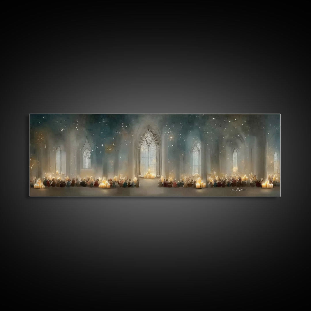 Candlelit Devotion | Framed Canvas Print | Christian Art | Christian Christmas Art | Panoramic Print | Christian Art Canvas | Christmas Wal