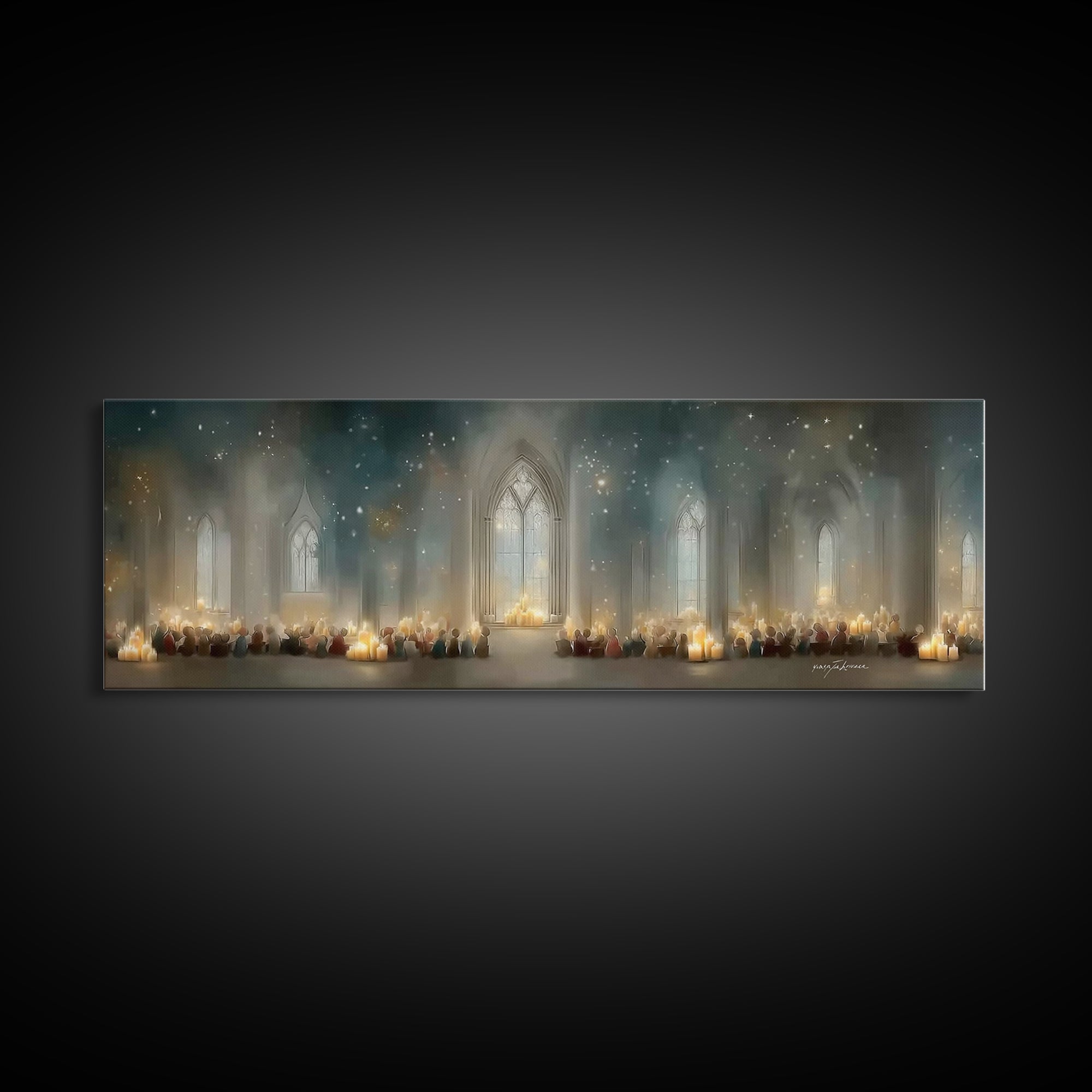 Candlelit Devotion | Framed Canvas Print | Christian Art | Christian Christmas Art | Panoramic Print | Christian Art Canvas | Christmas Wal