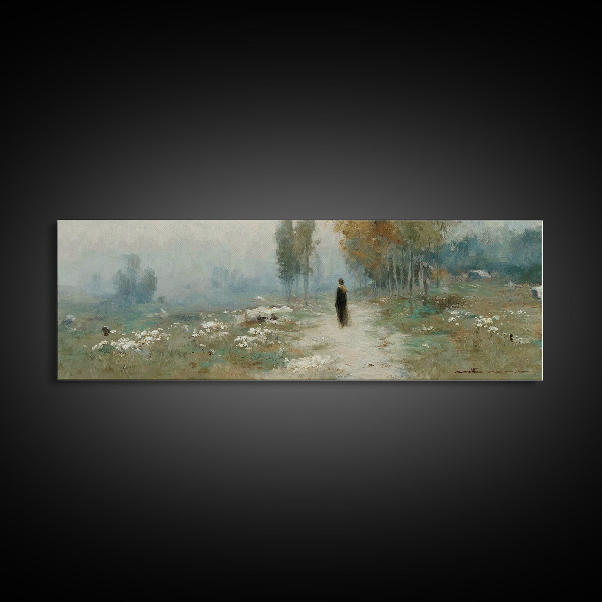 Misty Valley Walk, Framed Canvas Print, Christian Art Canvas, Panoramic Wall Art, Christian Art, Jesus Painting, Christmas Art