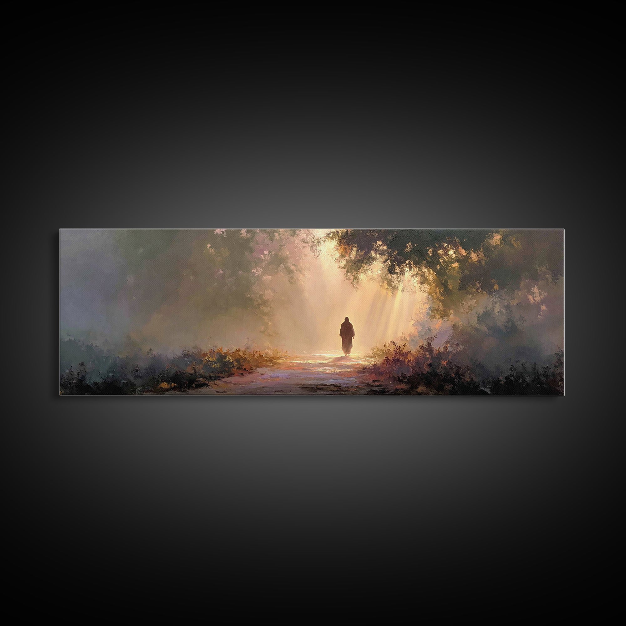 Radiant Woodland Path | Framed Canvas Print | Panoramic Art | Jesus Painting | Christian Art Canvas | Moody Christian Art | Christian Wall