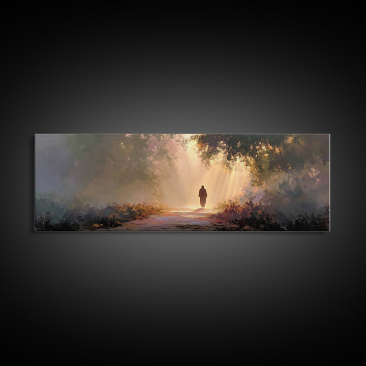 Radiant Woodland Path | Framed Canvas Print | Panoramic Art | Jesus Painting | Christian Art Canvas | Moody Christian Art | Christian Wall