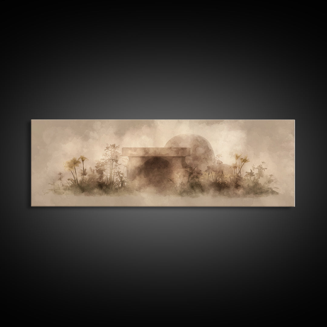 Dawn At The Empty Tomb, Framed Canvas Print, Panoramic Wall Art, Christian Art Canvas, Christian Wall Art, Easter Christian Art, Christian