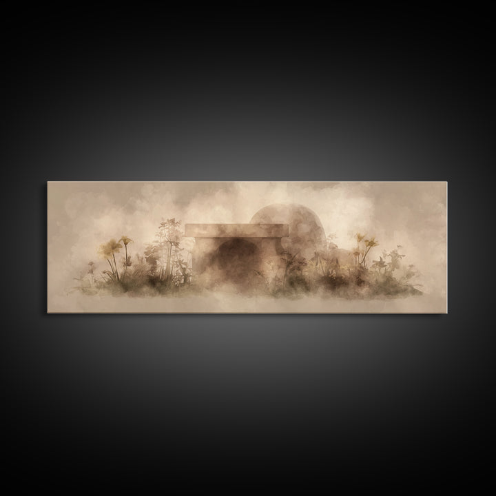 Dawn At The Empty Tomb, Framed Canvas Print, Panoramic Wall Art, Christian Art Canvas, Christian Wall Art, Easter Christian Art, Christian