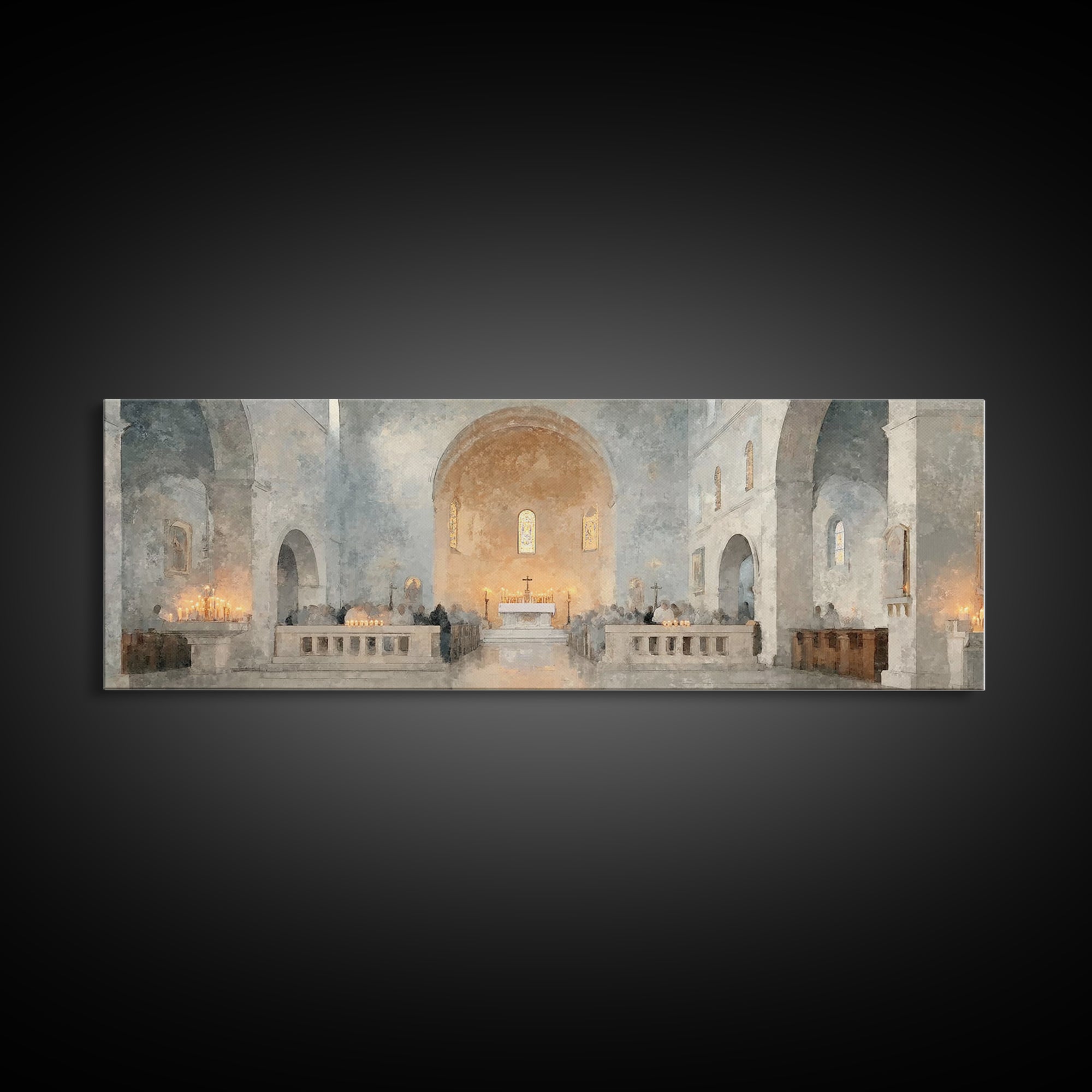 Starry Chapel Gathering, Framed Canvas Print, Panoramic Art, Christian Wall Art, Christian Art Canvas, Christmas Art Prints, Christian Chri