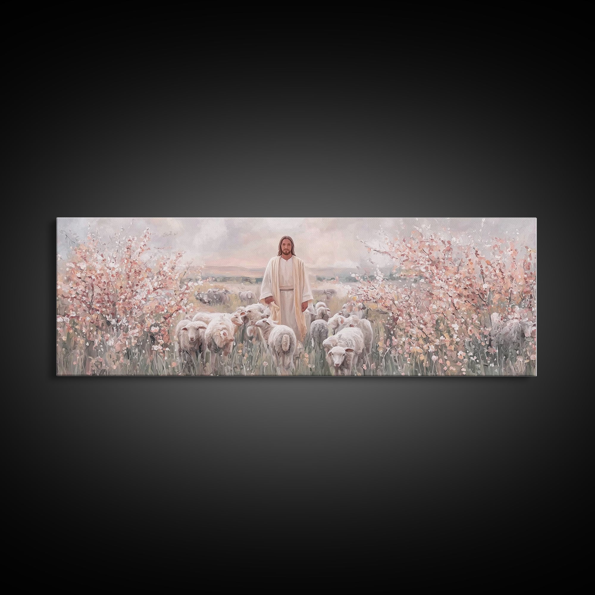 Shepherd Of Blossoms | Framed Canvas Print | Panoramic Art | Jesus Painting | Christian Art Canvas | Christian Christmas Art | Christian Wa