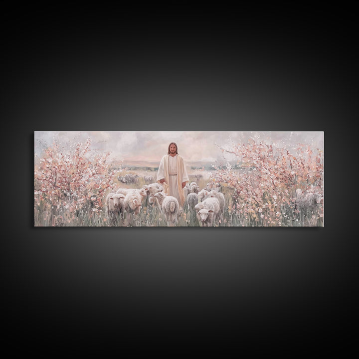 Shepherd Of Blossoms | Framed Canvas Print | Panoramic Art | Jesus Painting | Christian Art Canvas | Christian Christmas Art | Christian Wa