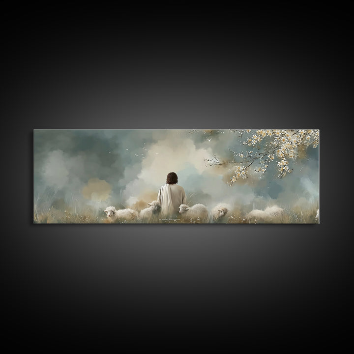 Peaceful Pasture Light – Framed Canvas Print – Panoramic Painting – Christian Art Canvas – Christian Wall Art – Jesus Painting – Christian