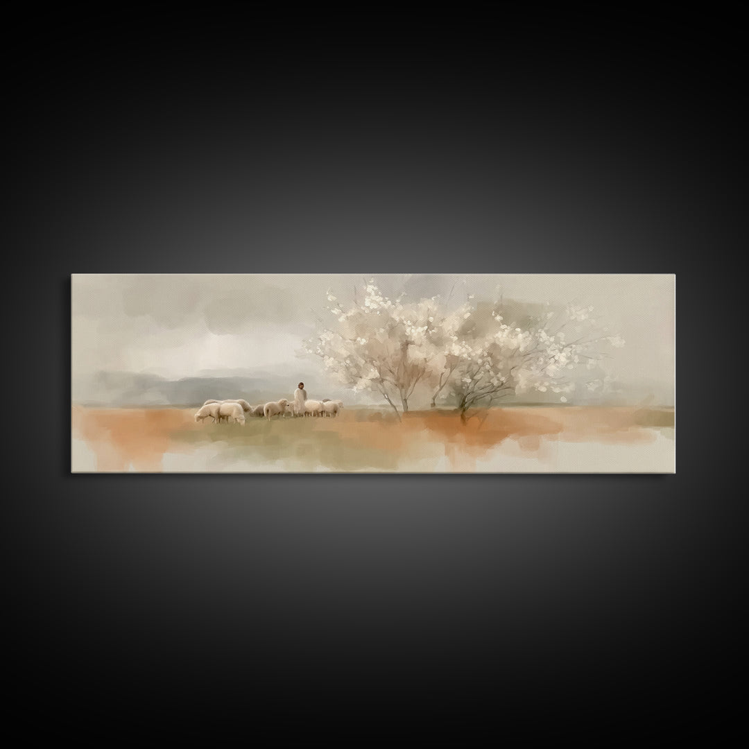 Meadow Of Promise, Framed Canvas Print, Panoramic Art, Christian Wall Art, Jesus Painting, Christian Art Canvas, Christian Christmas Art