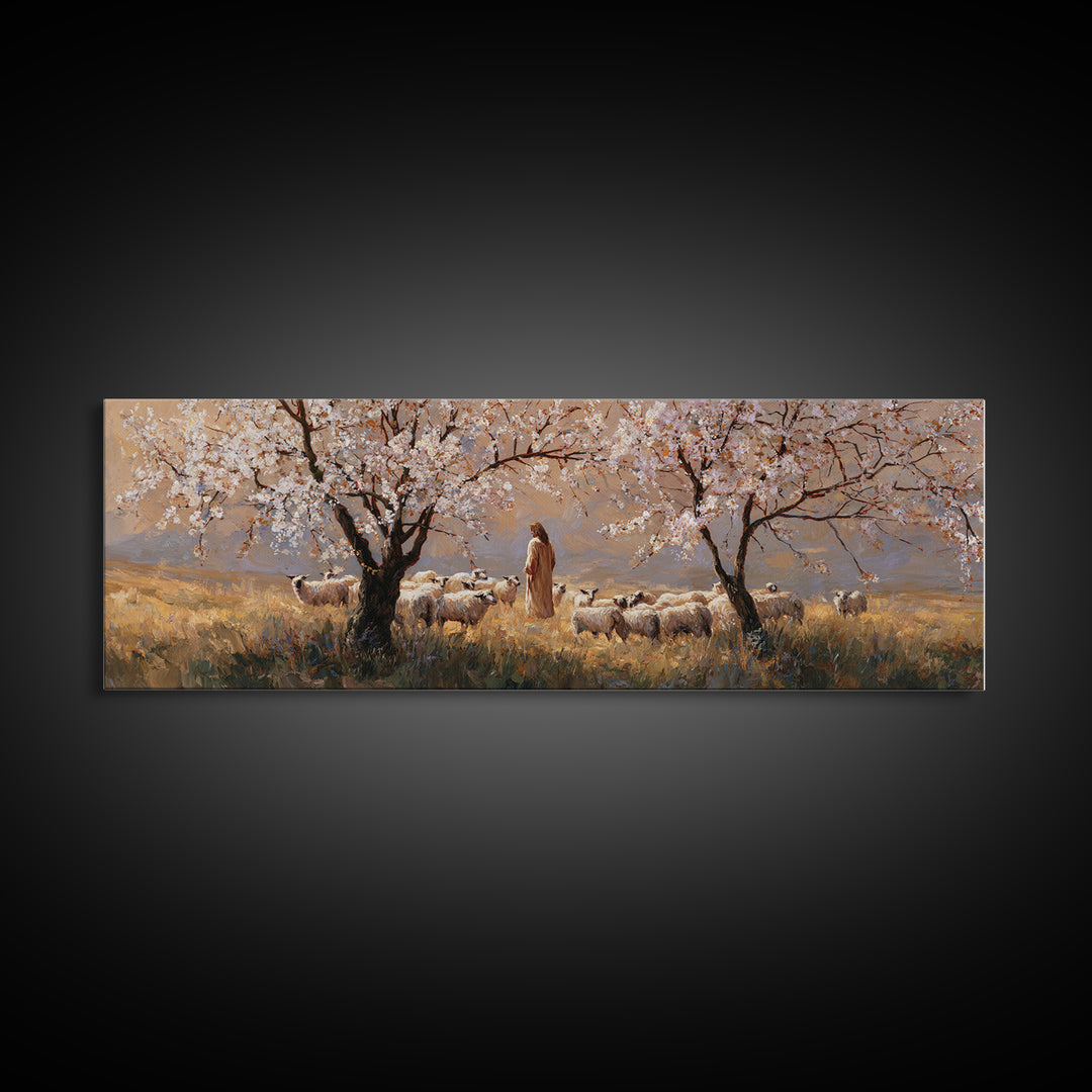 Shepherds In Bloom, Framed Canvas Print, Panoramic Wall Art, Christian Art Canvas, Jesus Painting, Christian Christmas Art, Christian Wall