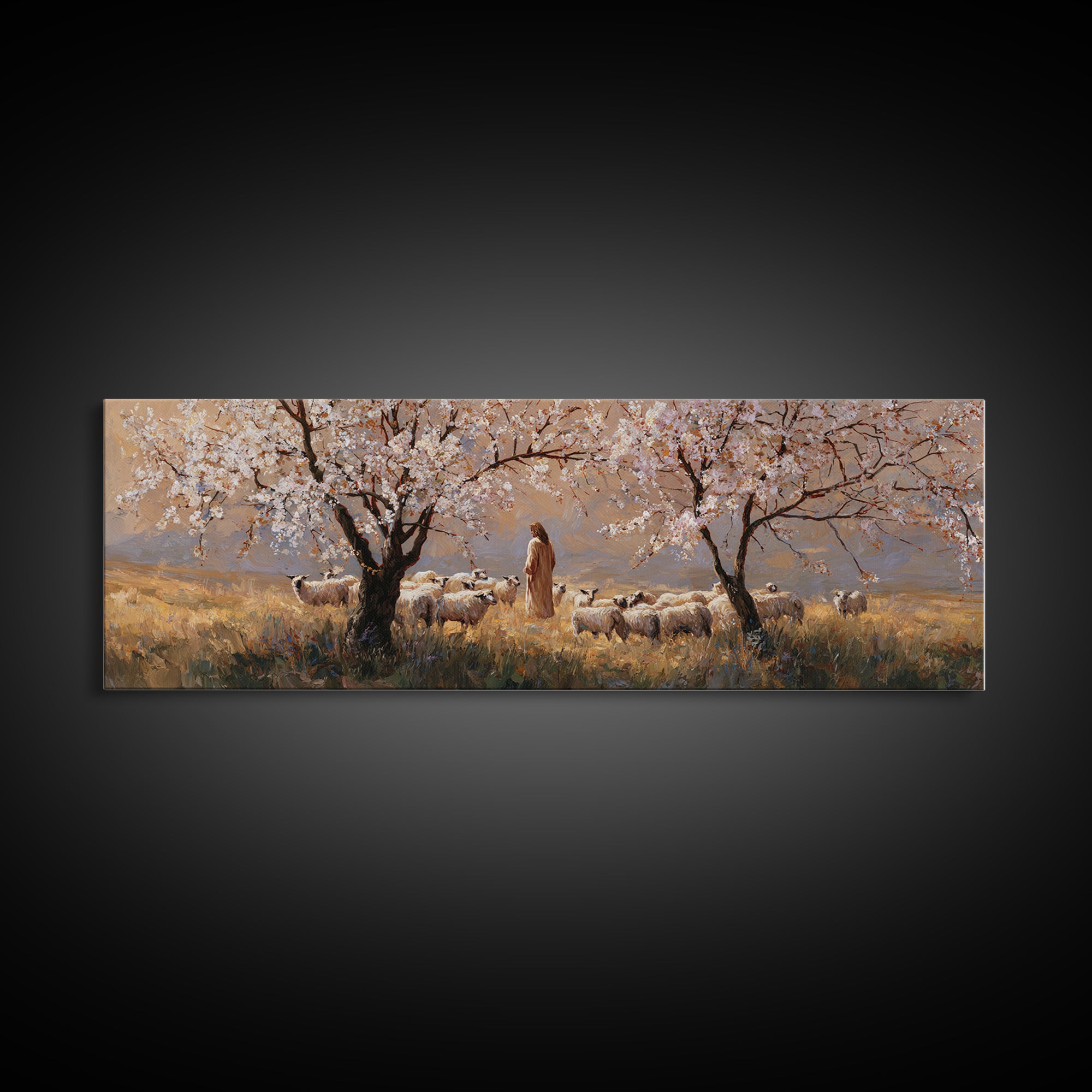 Shepherds In Bloom, Framed Canvas Print, Panoramic Wall Art, Christian Art Canvas, Jesus Painting, Christian Christmas Art, Christian Wall