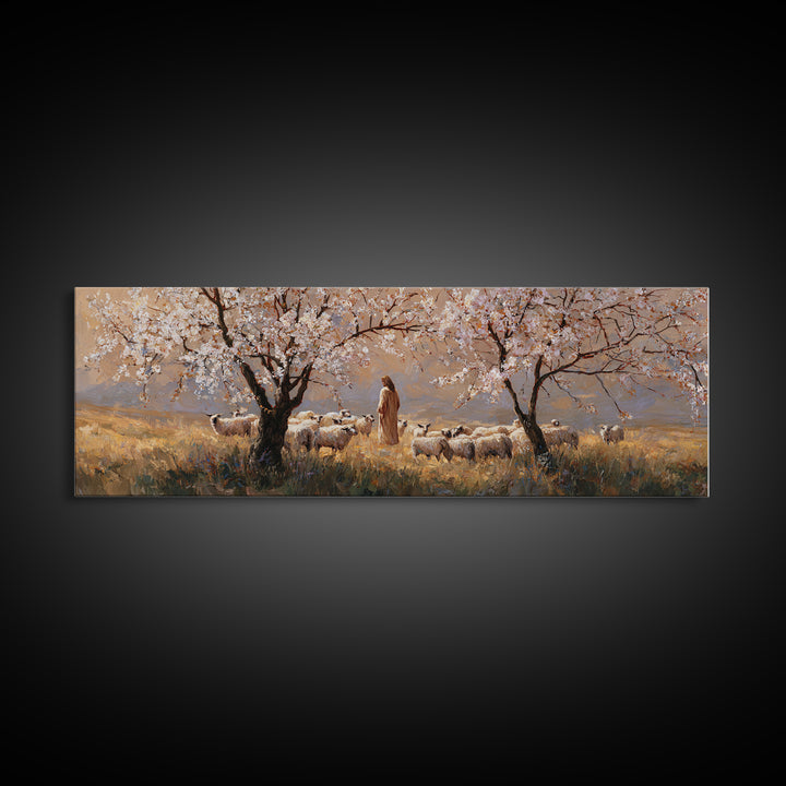 Shepherds In Bloom, Framed Canvas Print, Panoramic Wall Art, Christian Art Canvas, Jesus Painting, Christian Christmas Art, Christian Wall