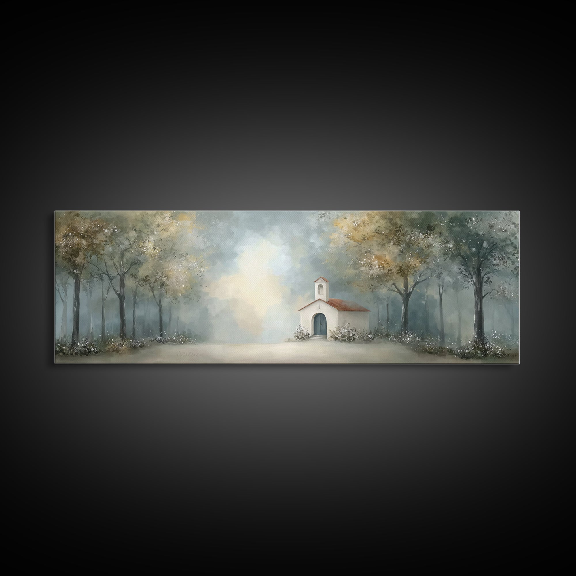 Forest Chapel Peace, Framed Canvas Print, Panoramic Art, Christian Art Canvas, Christian Wall Art, Christian Christmas Art, Christian Paint