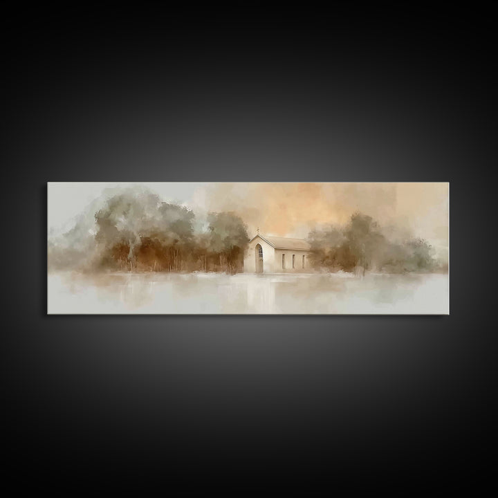 Soft Morning Chapel | Framed Canvas Print | Panoramic Wall Art | Christian Art Canvas | Christian Painting | Christian Christmas Art | Chri
