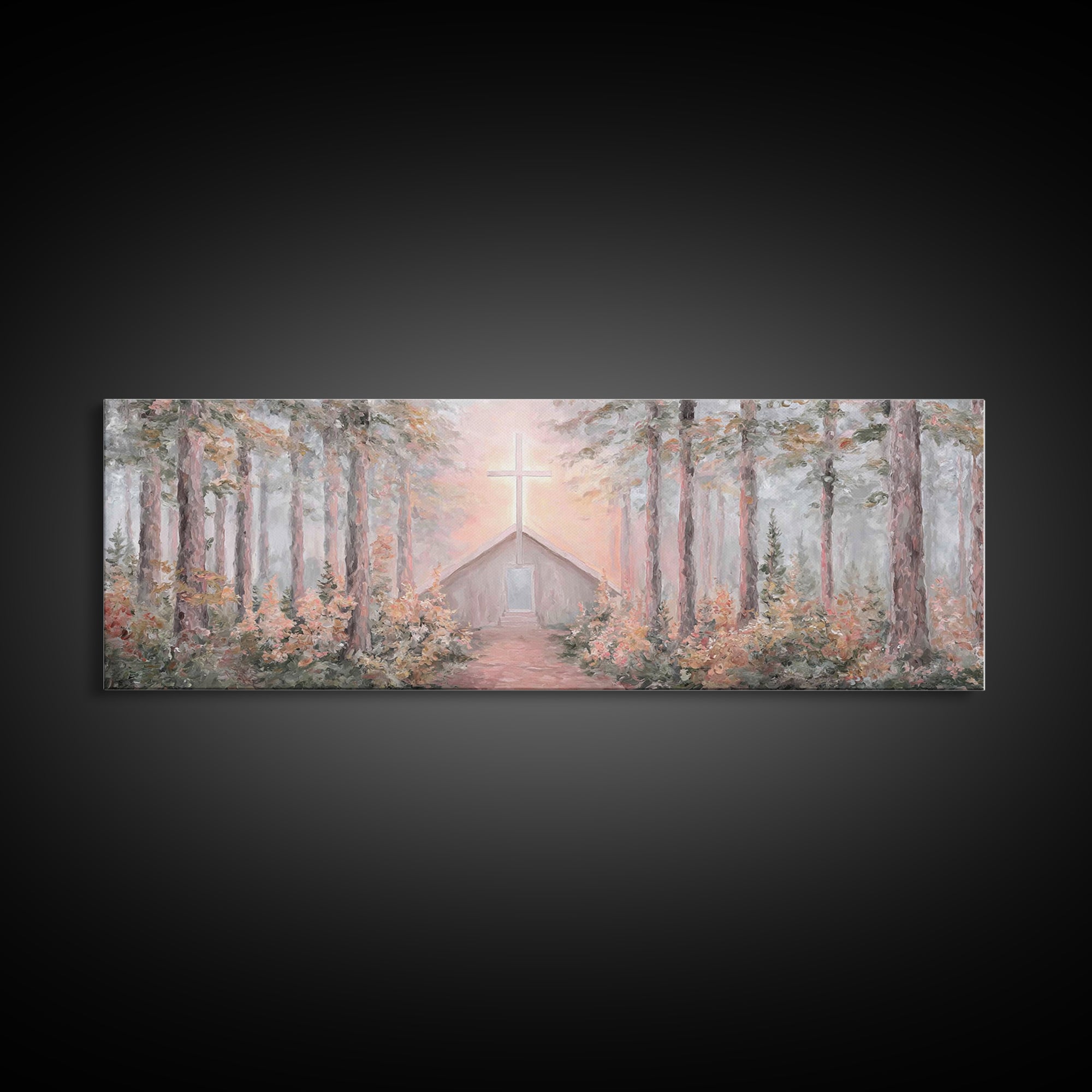 Woodland Cross Glow – Framed Canvas Print – Panoramic Painting – Christian Art Canvas – Christian Wall Art – Christian Christmas Art – Chri