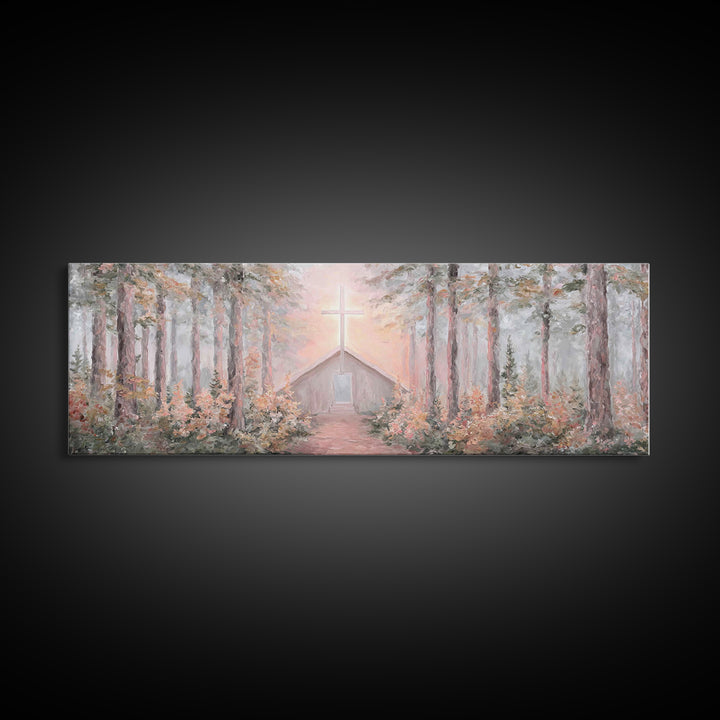 Woodland Cross Glow – Framed Canvas Print – Panoramic Painting – Christian Art Canvas – Christian Wall Art – Christian Christmas Art – Chri