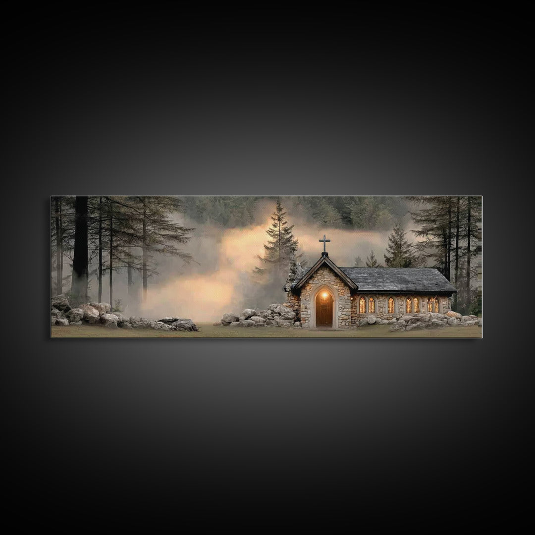 Chapel In The Pines | Framed Canvas Print | Panoramic Frame | Christian Wall Art | Christian Christmas Art | Christian Art Canvas | Christi