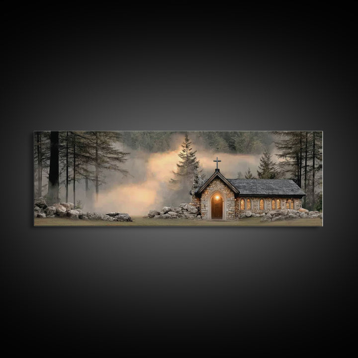 Chapel In The Pines | Framed Canvas Print | Panoramic Frame | Christian Wall Art | Christian Christmas Art | Christian Art Canvas | Christi