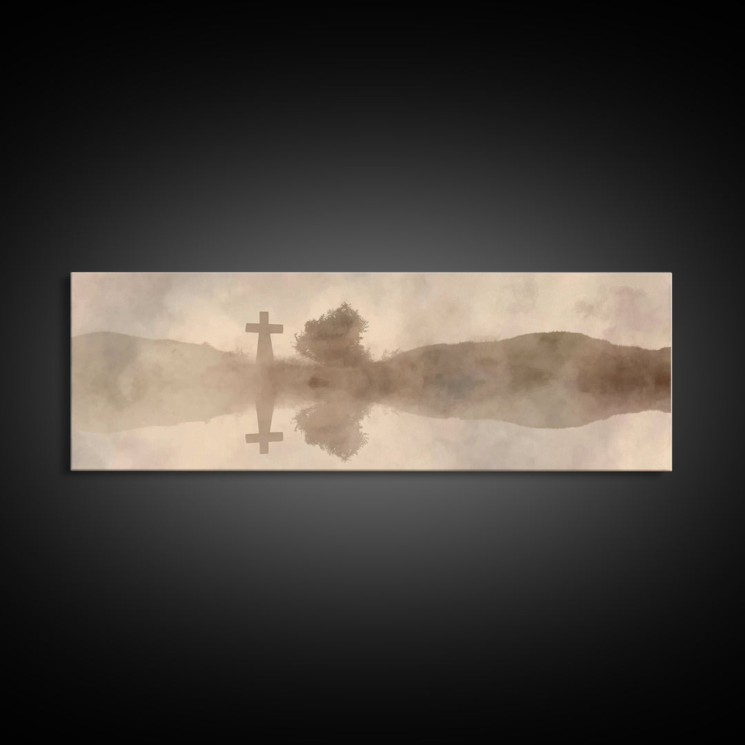 Misty Cross Reflections – Framed Canvas Print – Christian Wall Art – Panoramic Art – Christian Art Canvas – Jesus Painting – Christian Gift