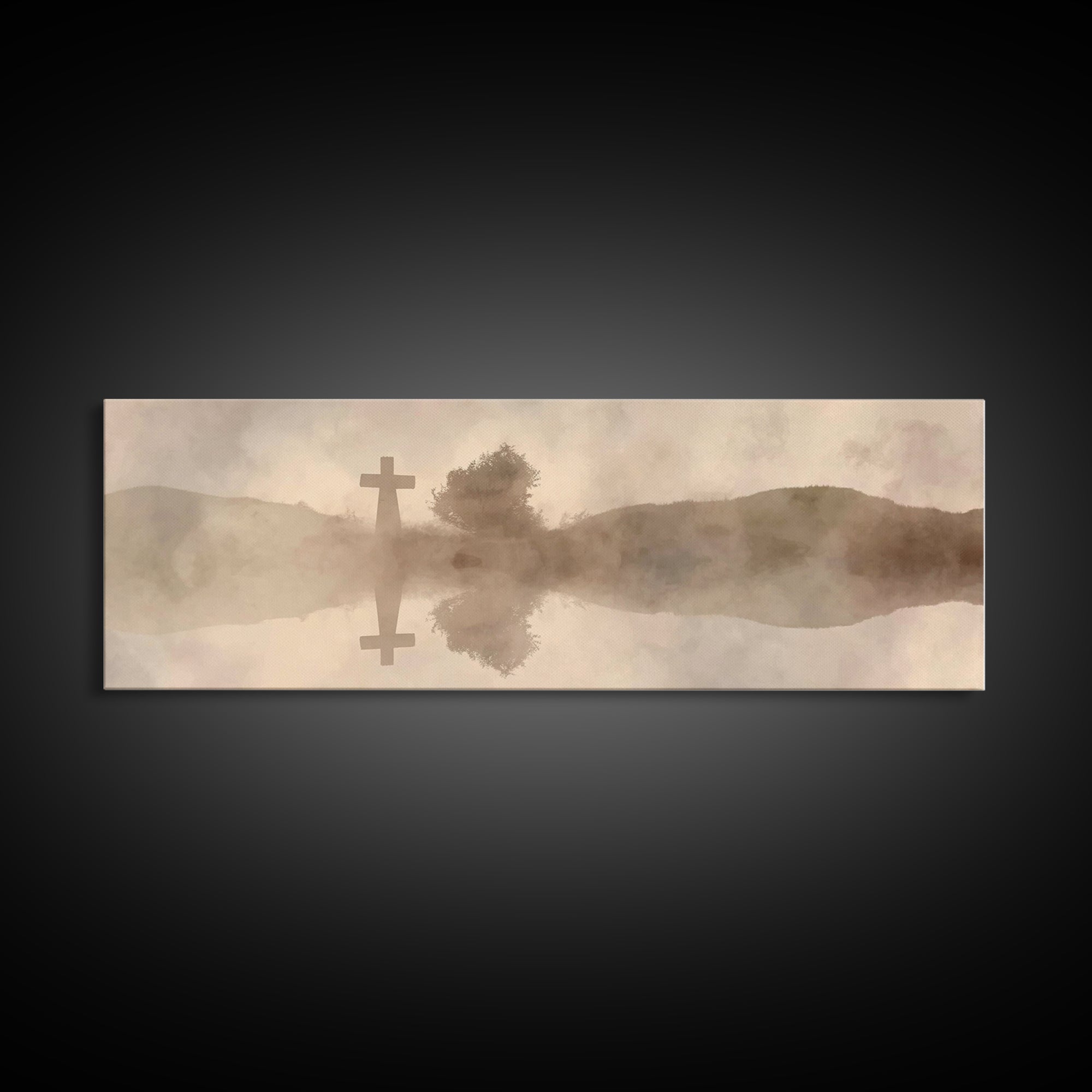 Misty Cross Reflections – Framed Canvas Print – Christian Wall Art – Panoramic Art – Christian Art Canvas – Jesus Painting – Christian Gift