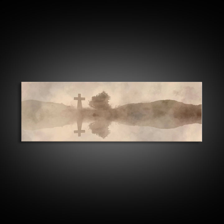 Misty Cross Reflections – Framed Canvas Print – Christian Wall Art – Panoramic Art – Christian Art Canvas – Jesus Painting – Christian Gift