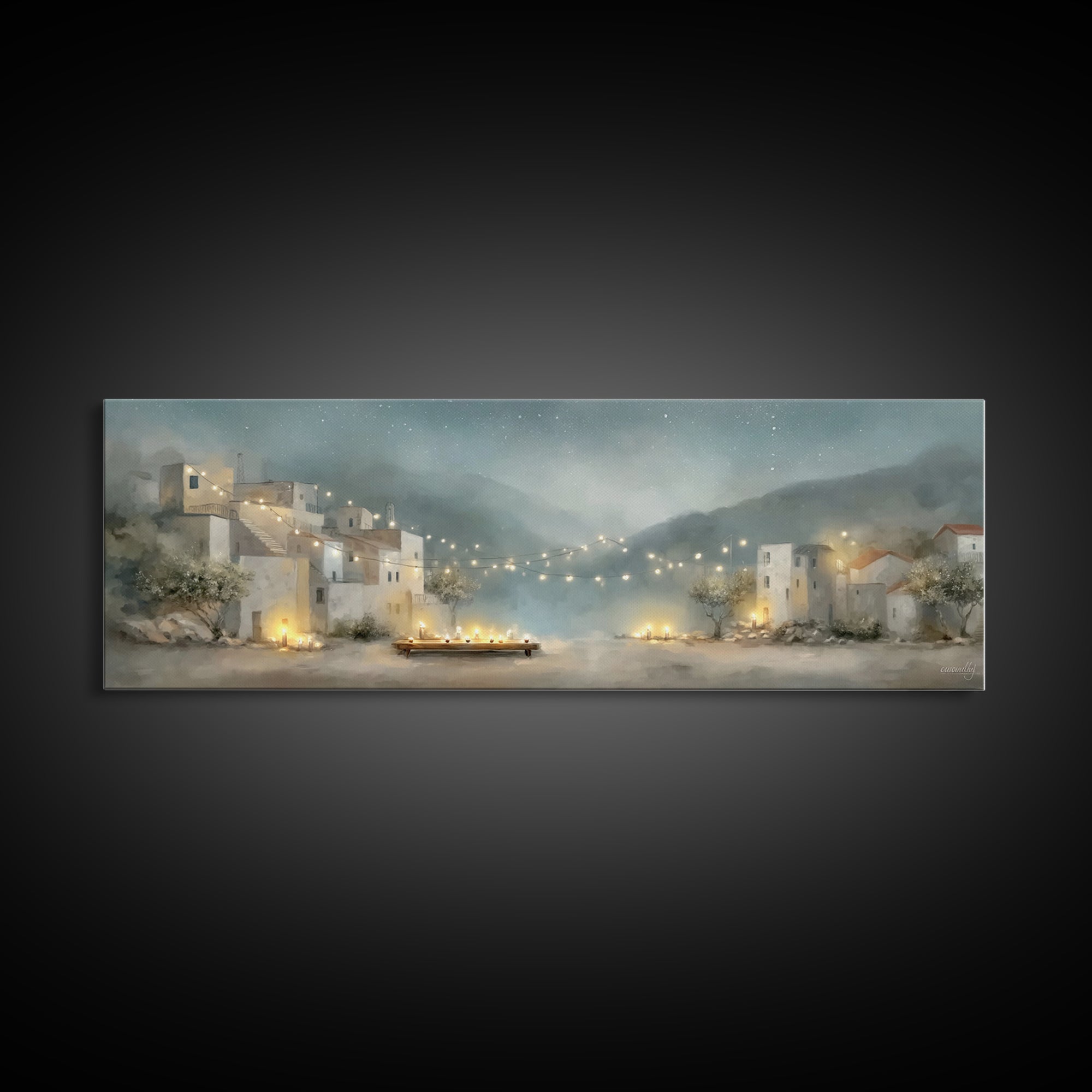 Starlit Village Peace, Framed Canvas Print, Christian Wall Art, Panoramic Art, Christian Christmas Art, Christian Art Print, Christian Deco