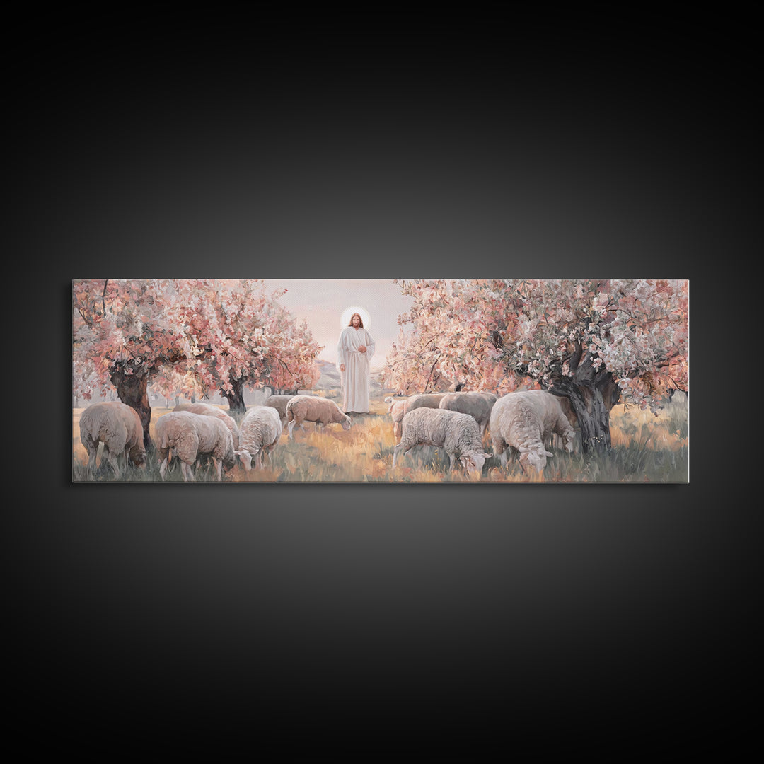 Peaceful Flock Dawn, Framed Canvas Print, Christian Art Print, Panoramic Art, Christmas Art, Christian Wall Art, Jesus Canvas Art