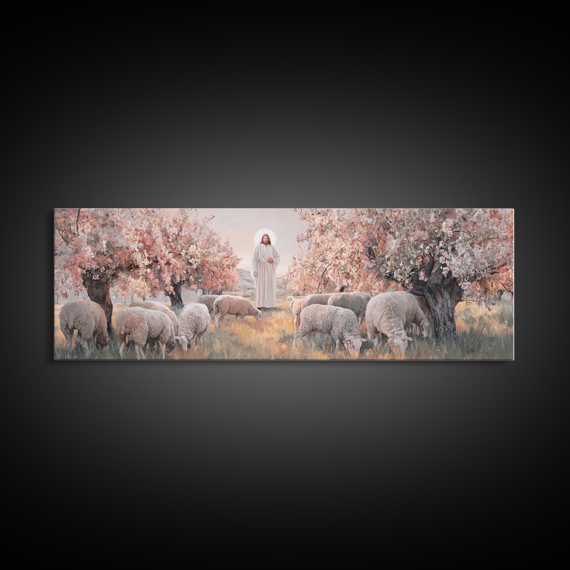 Peaceful Flock Dawn, Framed Canvas Print, Christian Art Print, Panoramic Art, Christmas Art, Christian Wall Art, Jesus Canvas Art