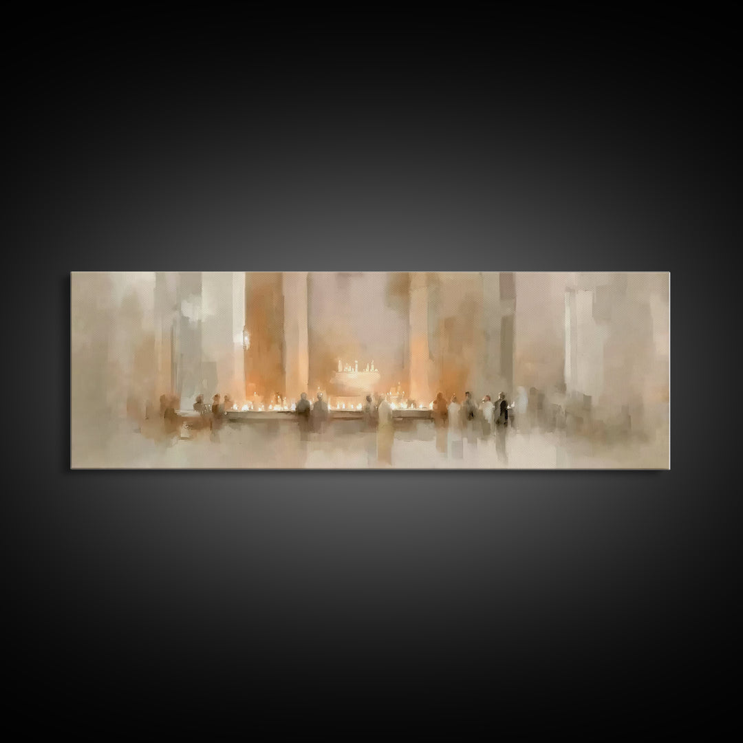 Sacred Candle Gathering | Framed Canvas Print | Christian Wall Art | Christian Christmas Art | Panoramic Wall Art | Christian Art Canvas