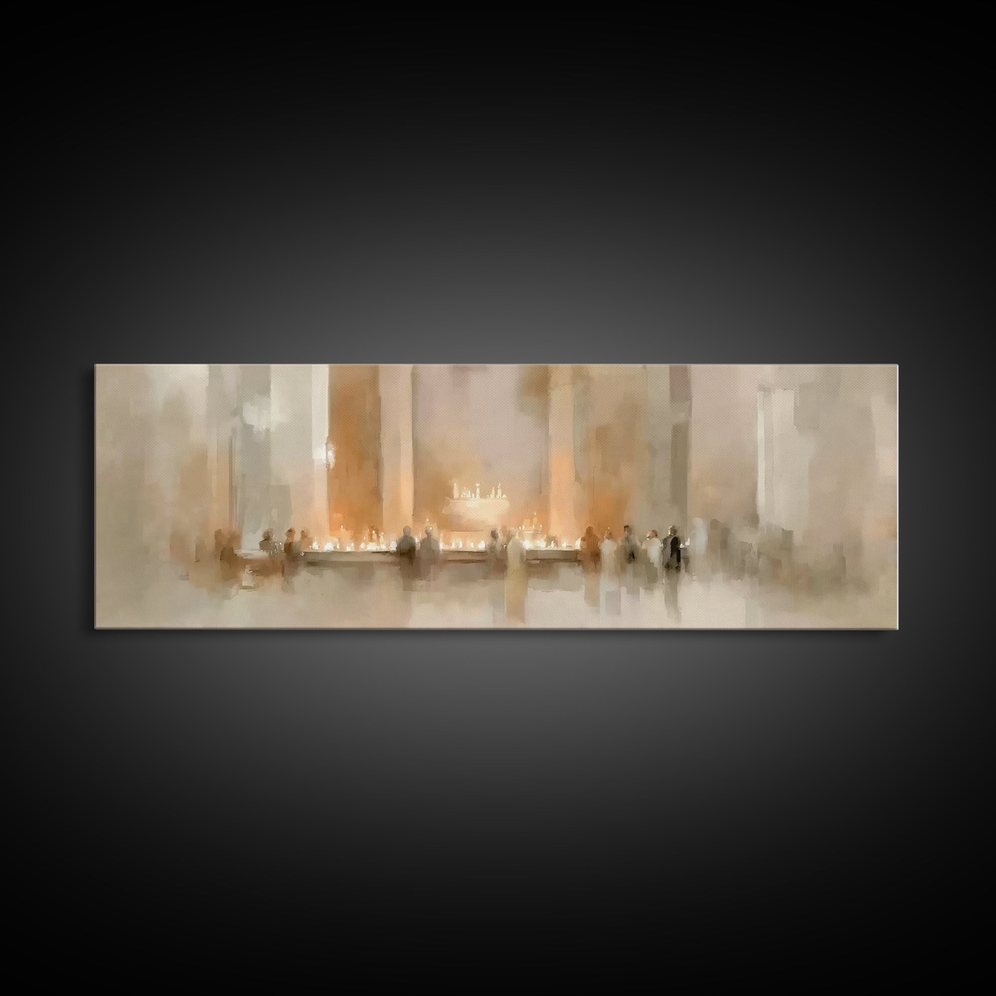 Sacred Candle Gathering | Framed Canvas Print | Christian Wall Art | Christian Christmas Art | Panoramic Wall Art | Christian Art Canvas