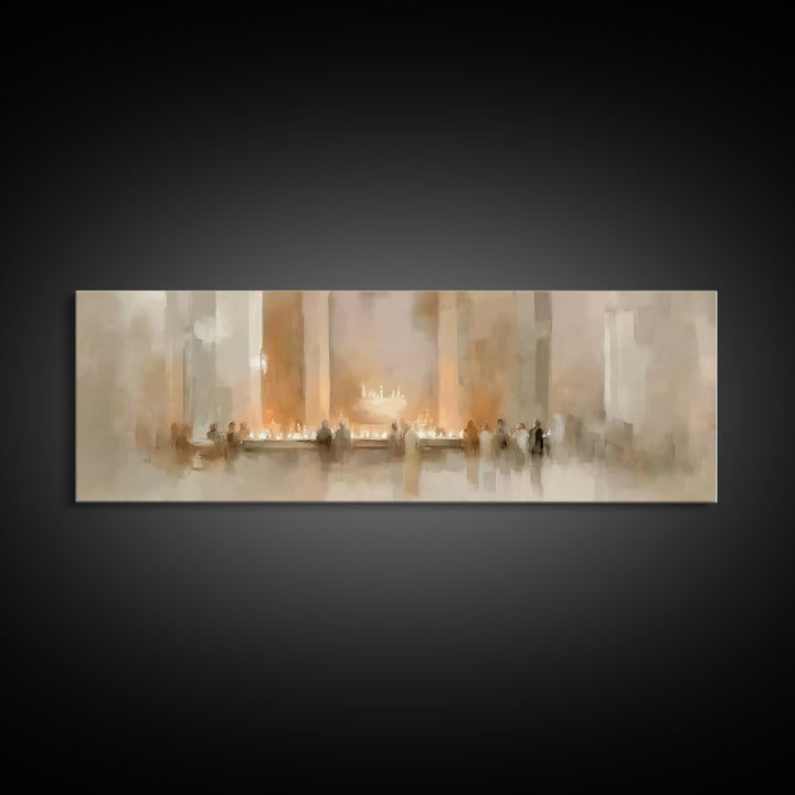 Sacred Candle Gathering | Framed Canvas Print | Christian Wall Art | Christian Christmas Art | Panoramic Wall Art | Christian Art Canvas