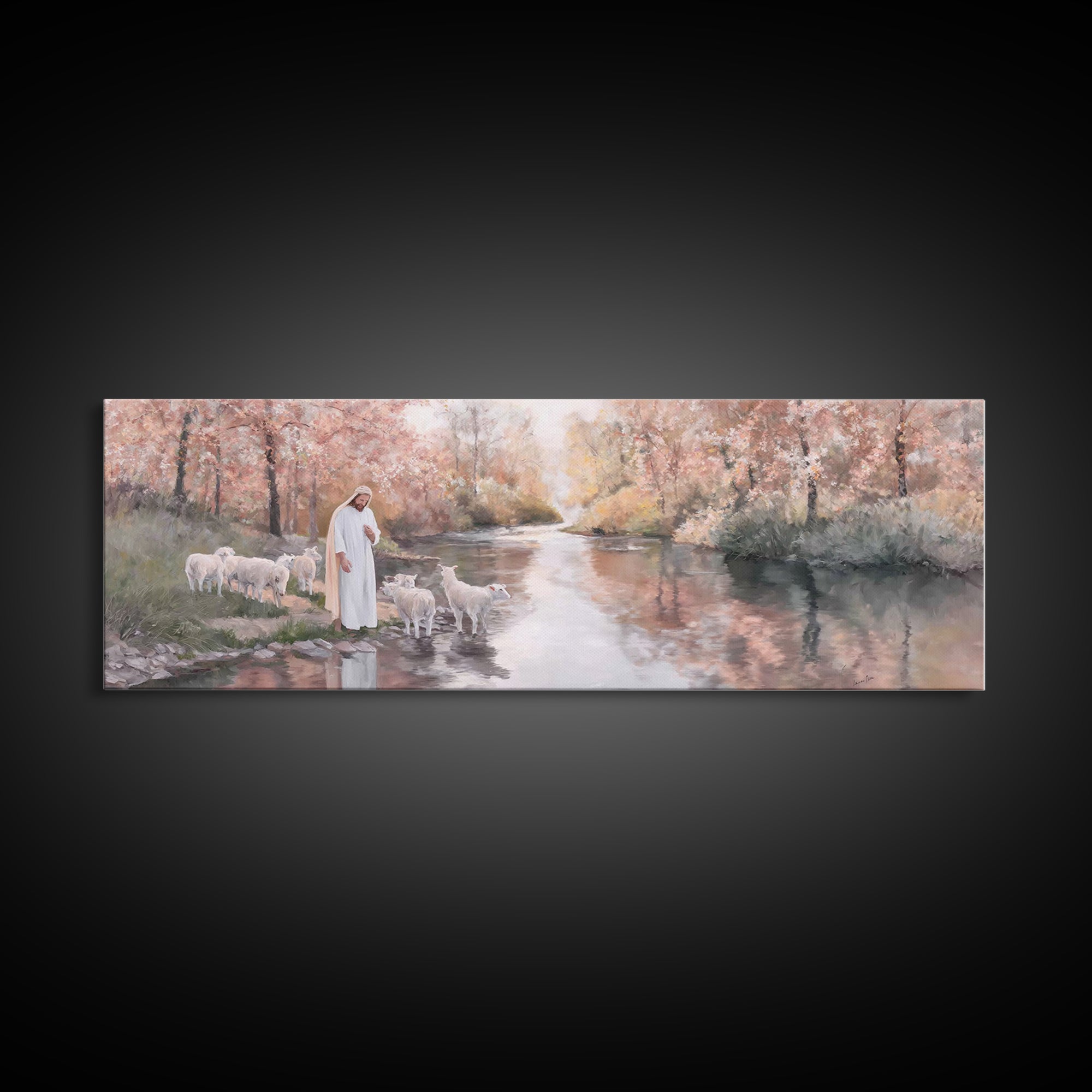 Pastoral Grace Reflections – Framed Canvas Print – Jesus Painting – Panoramic Print – Christian Wall Art – Christian Art Canvas – Christian